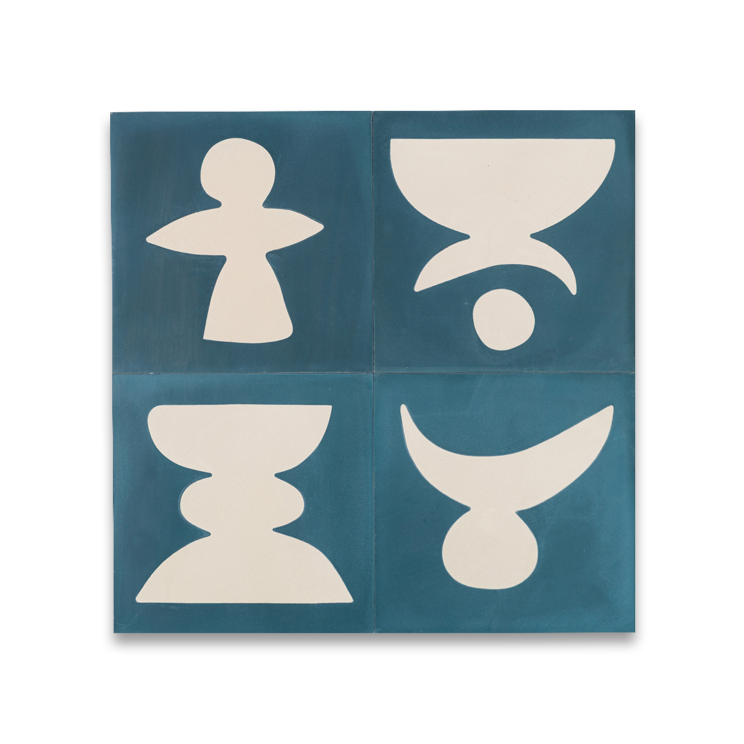 Cement tile featuring abstract geometric white shapes on a deep teal blue background, matte finish, ideal for modern, artistic, or mid-century interior flooring and wall décor applications.