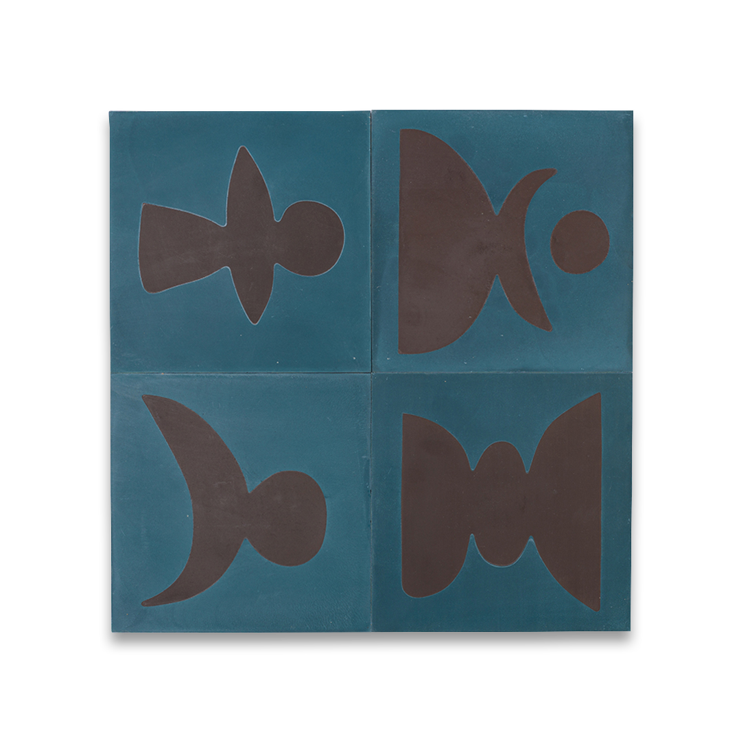 Cement tile featuring abstract brown geometric shapes on a deep teal blue background, matte finish, ideal for modern, artistic, or mid-century interior flooring and wall décor applications.