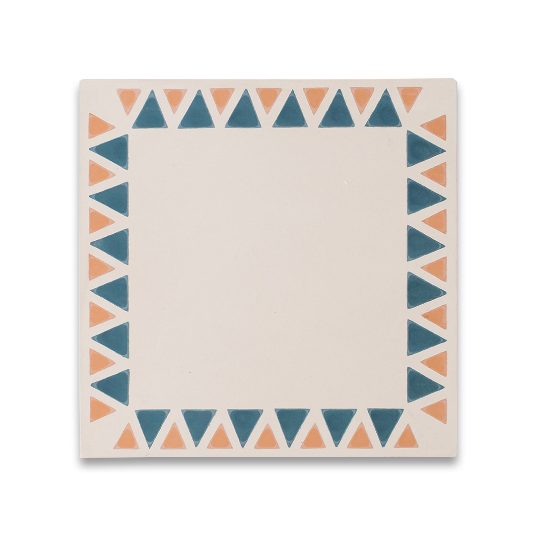 Square cement tile featuring a cream base with a geometric border of alternating blue and terracotta triangles, handcrafted matte finish, ideal for Mediterranean, bohemian, or contemporary interior flooring and wall décor.