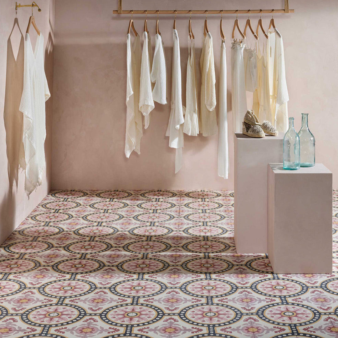 Cement tile featuring an ornate floral and circular motif in dusty pink, terracotta red, mustard yellow, and black accents, matte finish, ideal for Mediterranean, vintage, or eclectic interior flooring and wall décor applications.