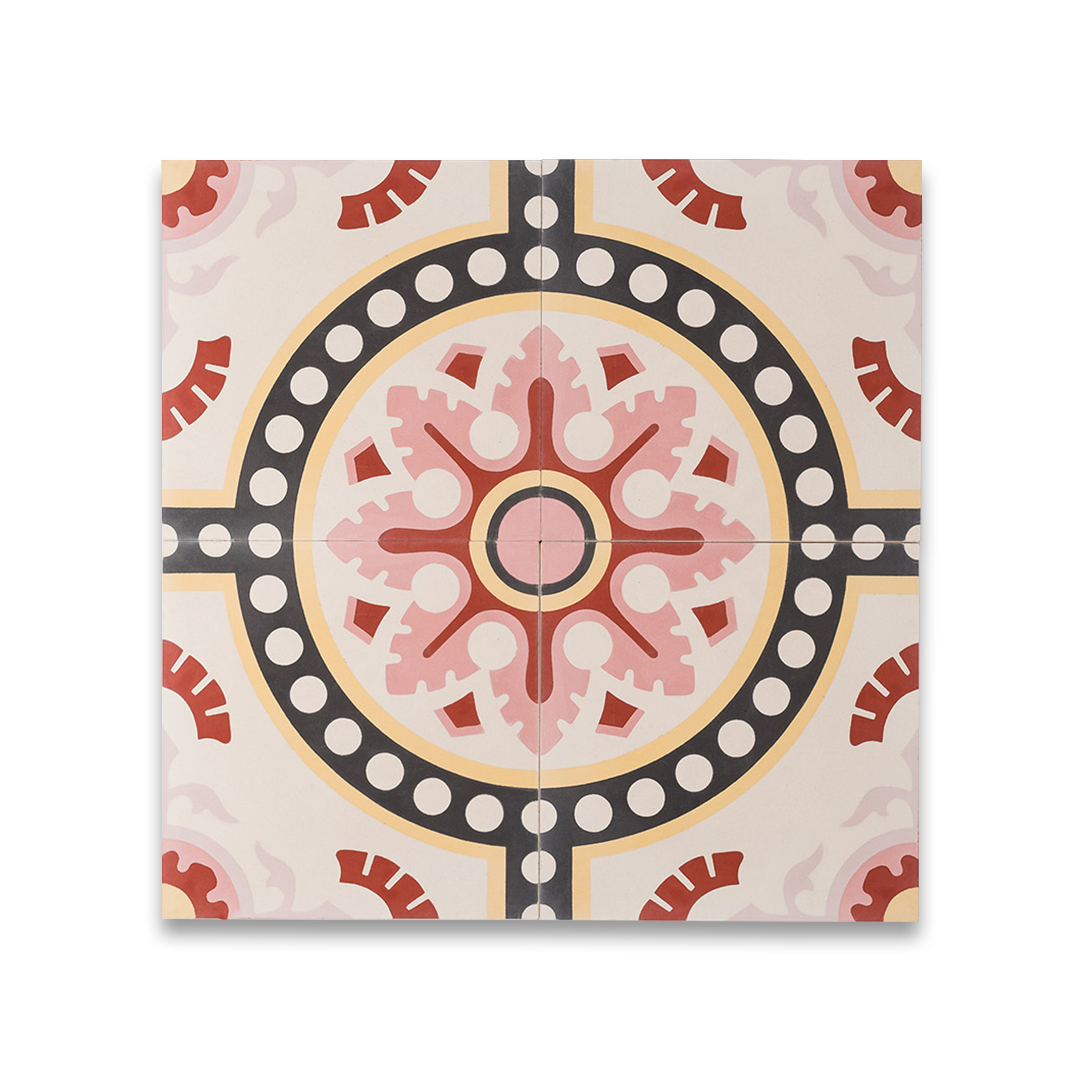 Cement tile featuring an ornate floral and circular motif in dusty pink, terracotta red, mustard yellow, and black accents, matte finish, ideal for Mediterranean, vintage, or eclectic interior flooring and wall décor applications.