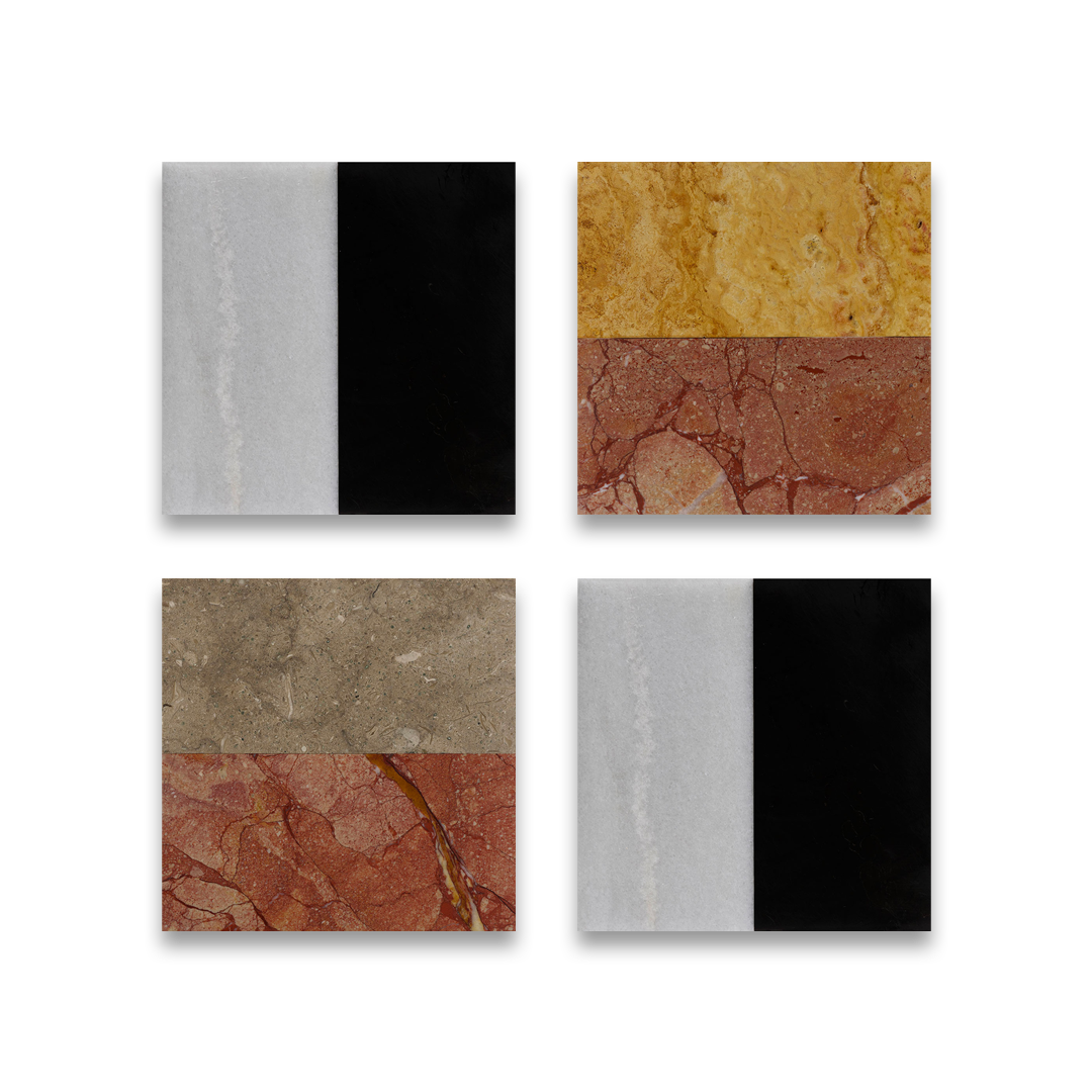 Four square tiles with different textured patterns on a white background