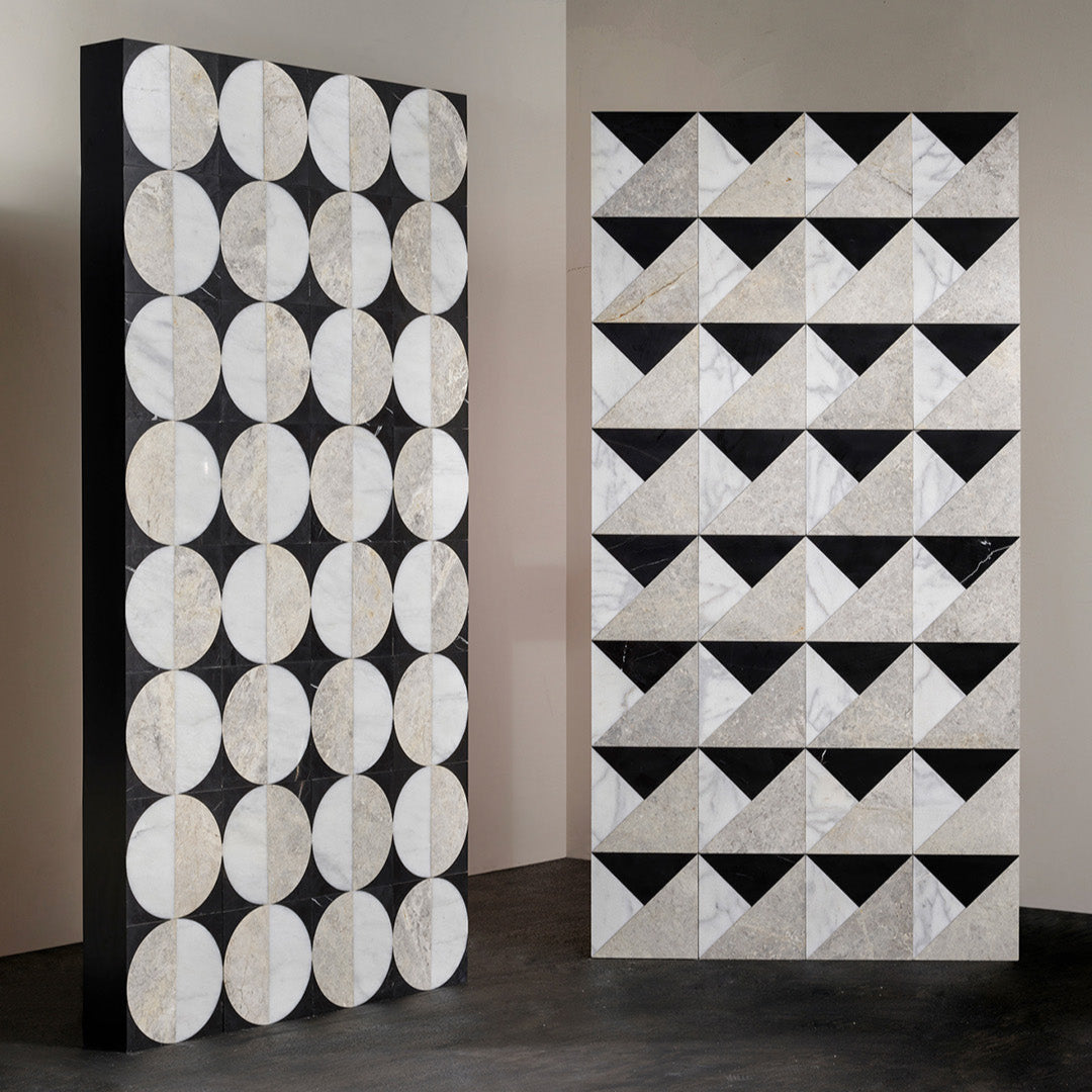 Two decorative wall panels with geometric patterns on a plain background