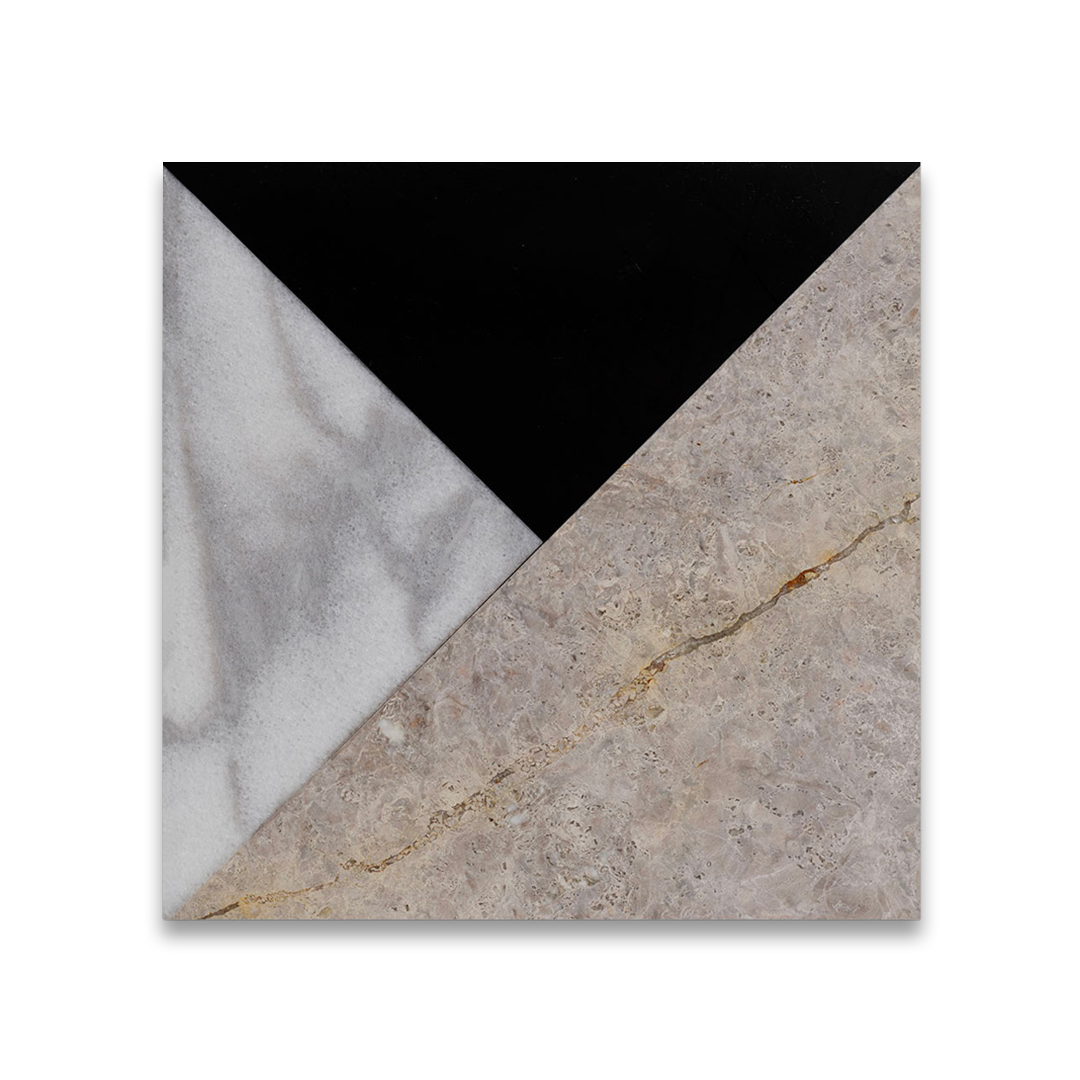 Square tile with black, gray, and beige marble patterns on a white background