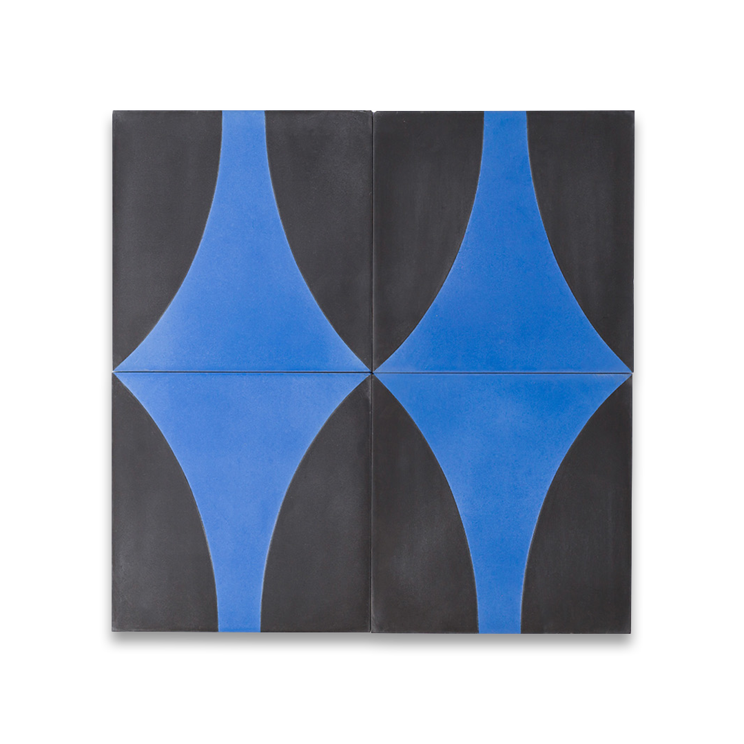 A bold geometric design with a curved cobalt blue shape against a charcoal black background, matte finish, ideal for modern or contemporary interior flooring and wall décor.