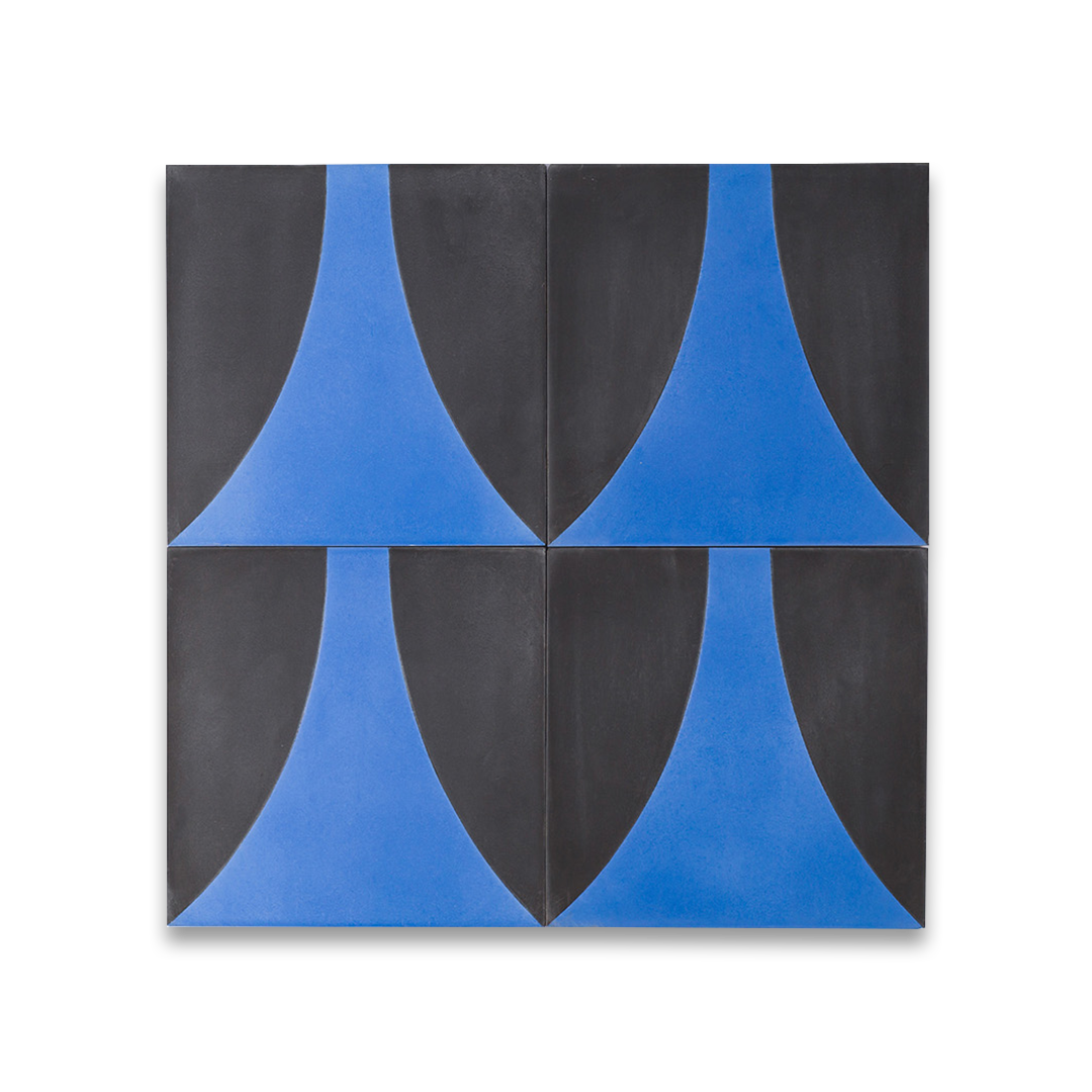 A bold geometric design with a curved cobalt blue shape against a charcoal black background, matte finish, ideal for modern or contemporary interior flooring and wall décor.