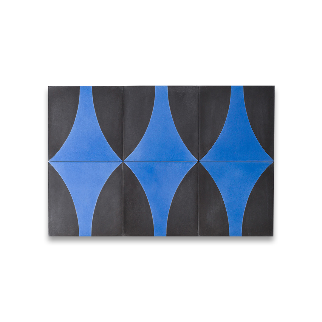 A bold geometric design with a curved cobalt blue shape against a charcoal black background, matte finish, ideal for modern or contemporary interior flooring and wall décor.
