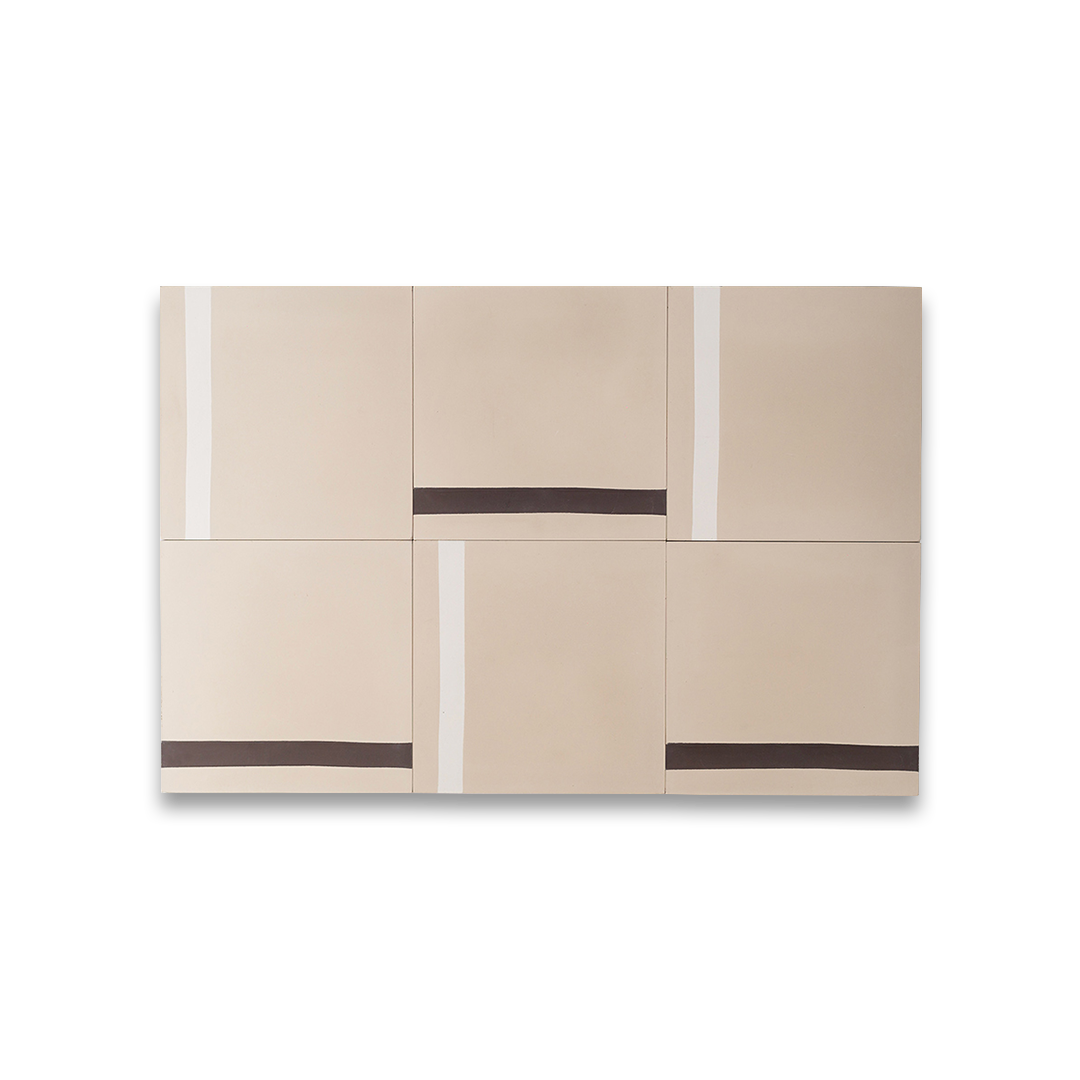 Cement tile featuring vertical mocha and white hand-painted stripes with a matte finish, ideal for modern interiors, minimalist walls, or contemporary geometric floor layouts.