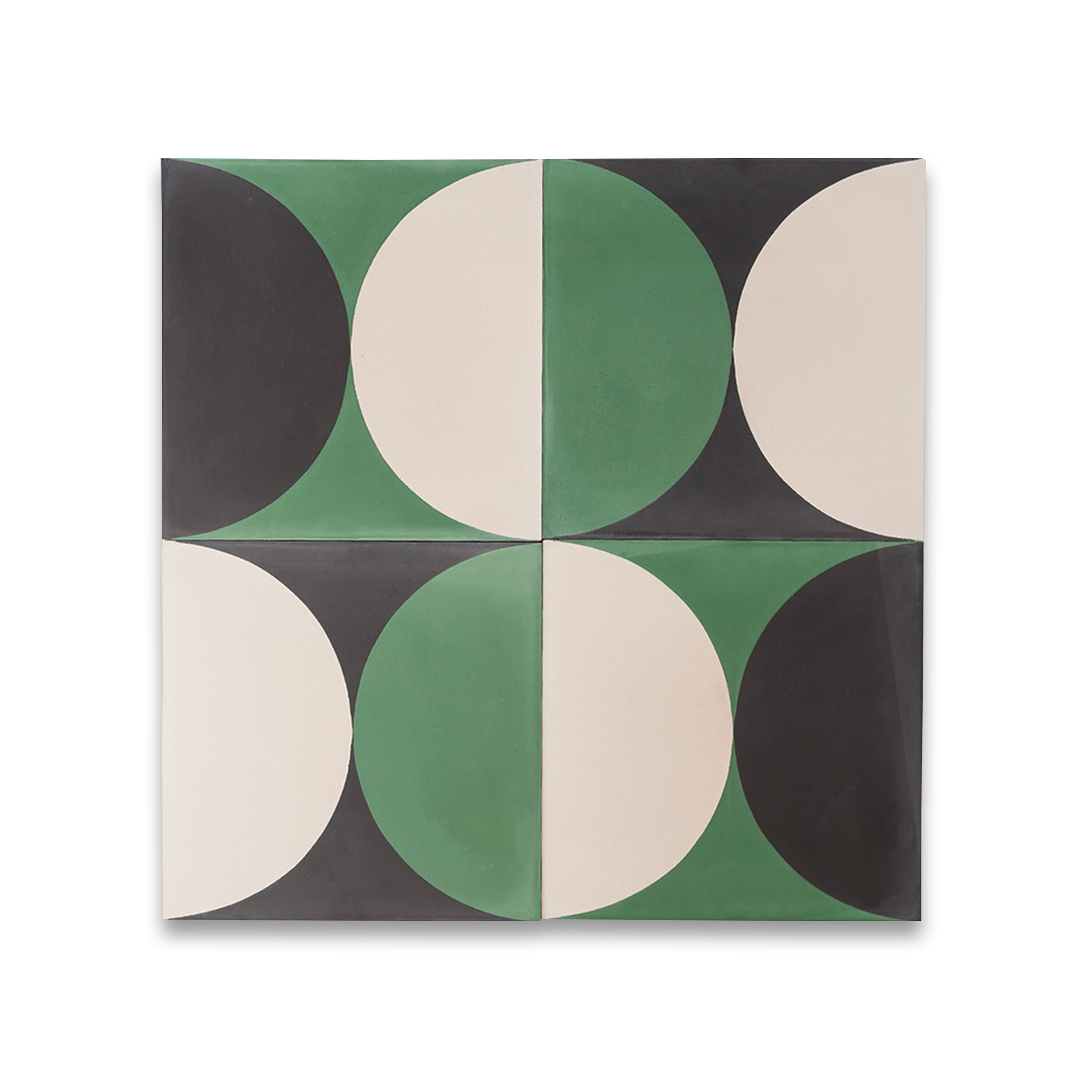 A geometric circular pattern in green, black, and off-white tones, matte finish, ideal for modern, retro, or contemporary interior flooring and wall décor applications.
