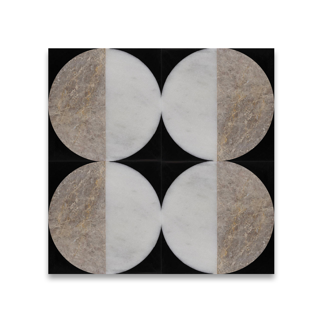 Four circular tiles with a pattern of gray and white on a black background