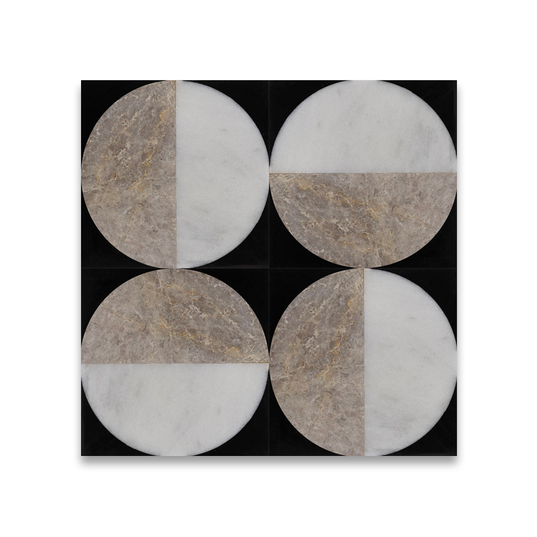 Four circular tiles with a pattern of gray and white on a black background