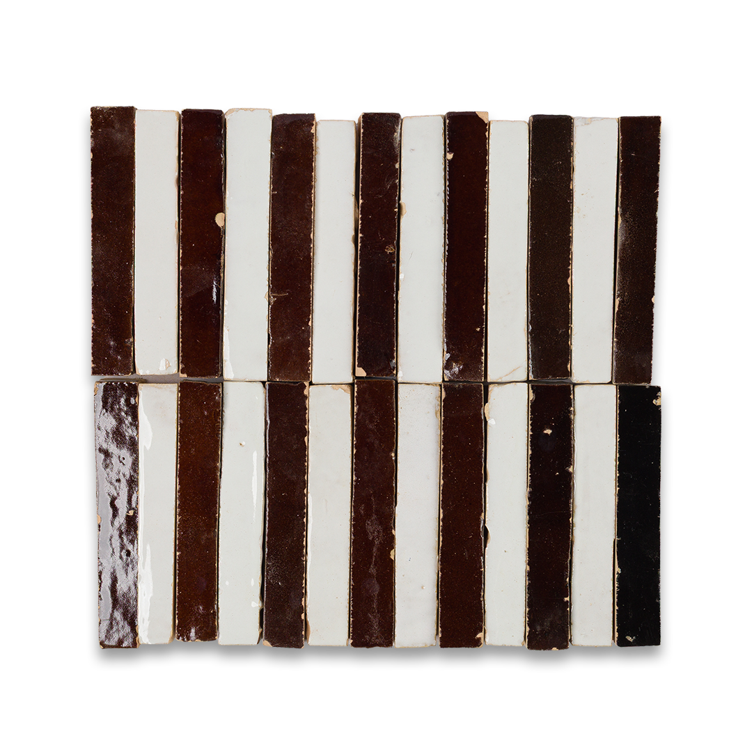 Black and white striped ceramic tiles on a white background