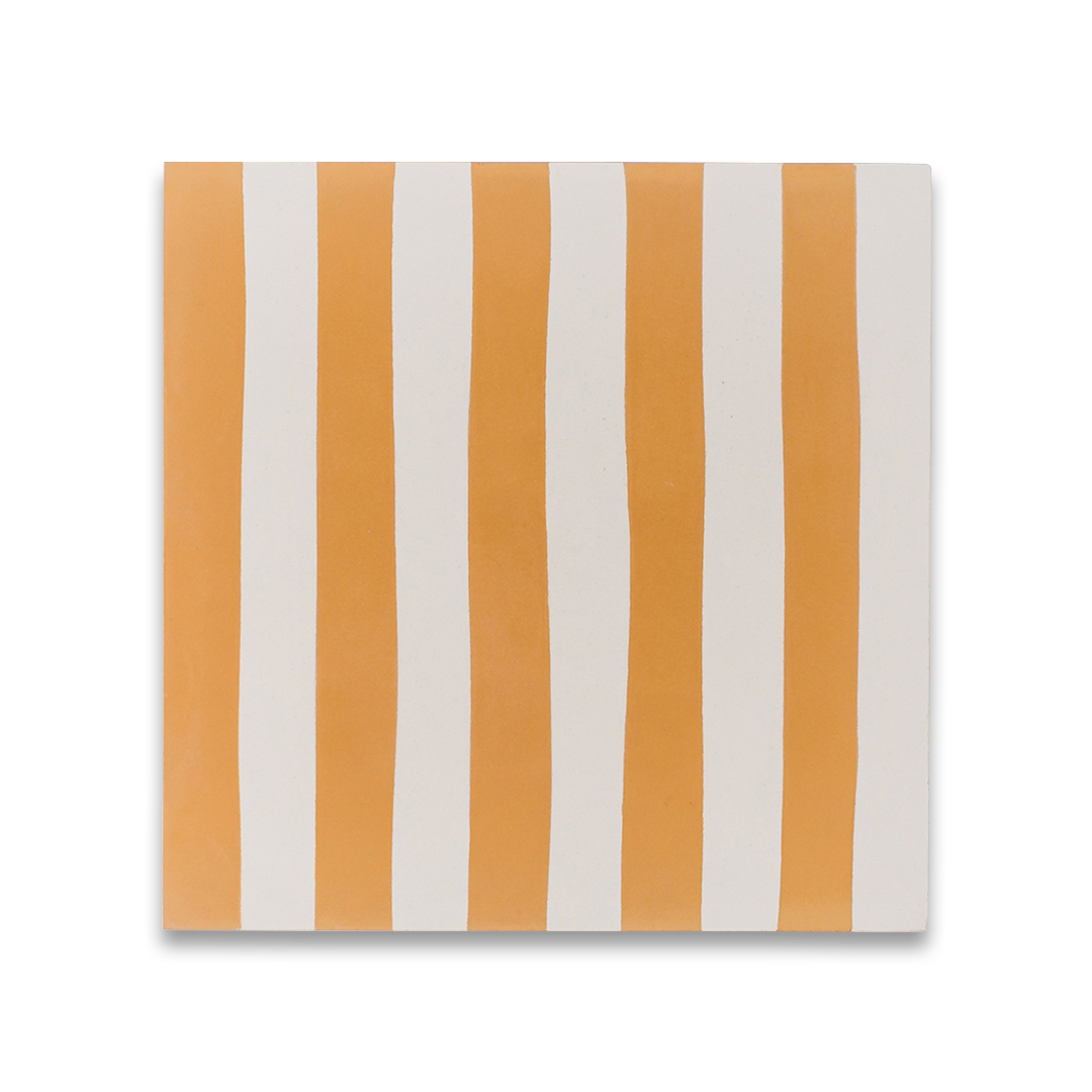 Cement tile featuring alternating vertical stripes in warm ochre orange and white, matte finish, handcrafted surface, ideal for Mediterranean, coastal, or contemporary interior flooring and wall décor applications.
