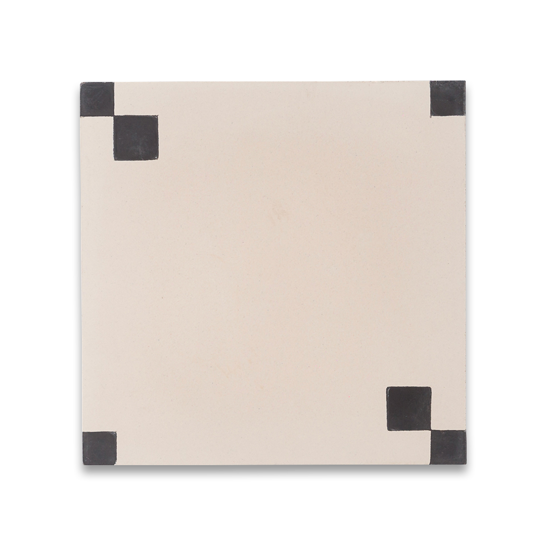 Minimalist floor tile featuring a cream base with four black corner squares, ideal for modern interiors, geometric wall patterns, or vintage-inspired flooring designs.