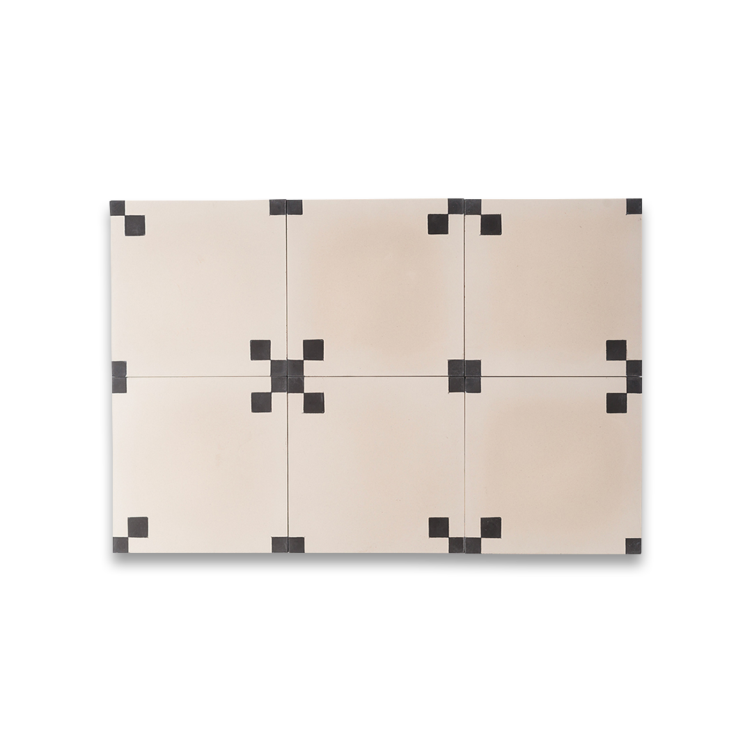 Minimalist floor tile featuring a cream base with four black corner squares, ideal for modern interiors, geometric wall patterns, or vintage-inspired flooring designs.