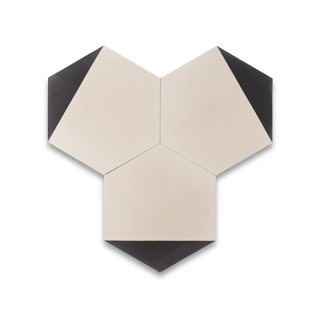Modern hexagonal tile featuring a matte cream surface with a bold black edge accent, ideal for geometric wall patterns, minimalist flooring, or contemporary interior designs.