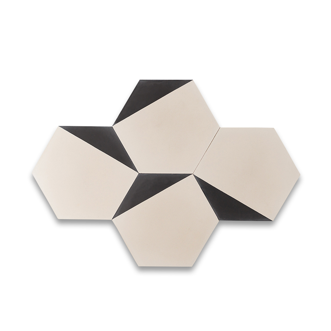 Modern hexagonal tile featuring a matte cream surface with a bold black edge accent, ideal for geometric wall patterns, minimalist flooring, or contemporary interior designs.