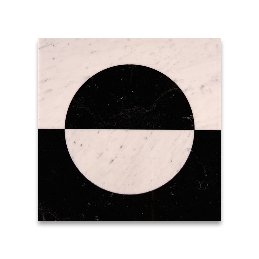 Square marble coaster with black and beige circle design on a white background