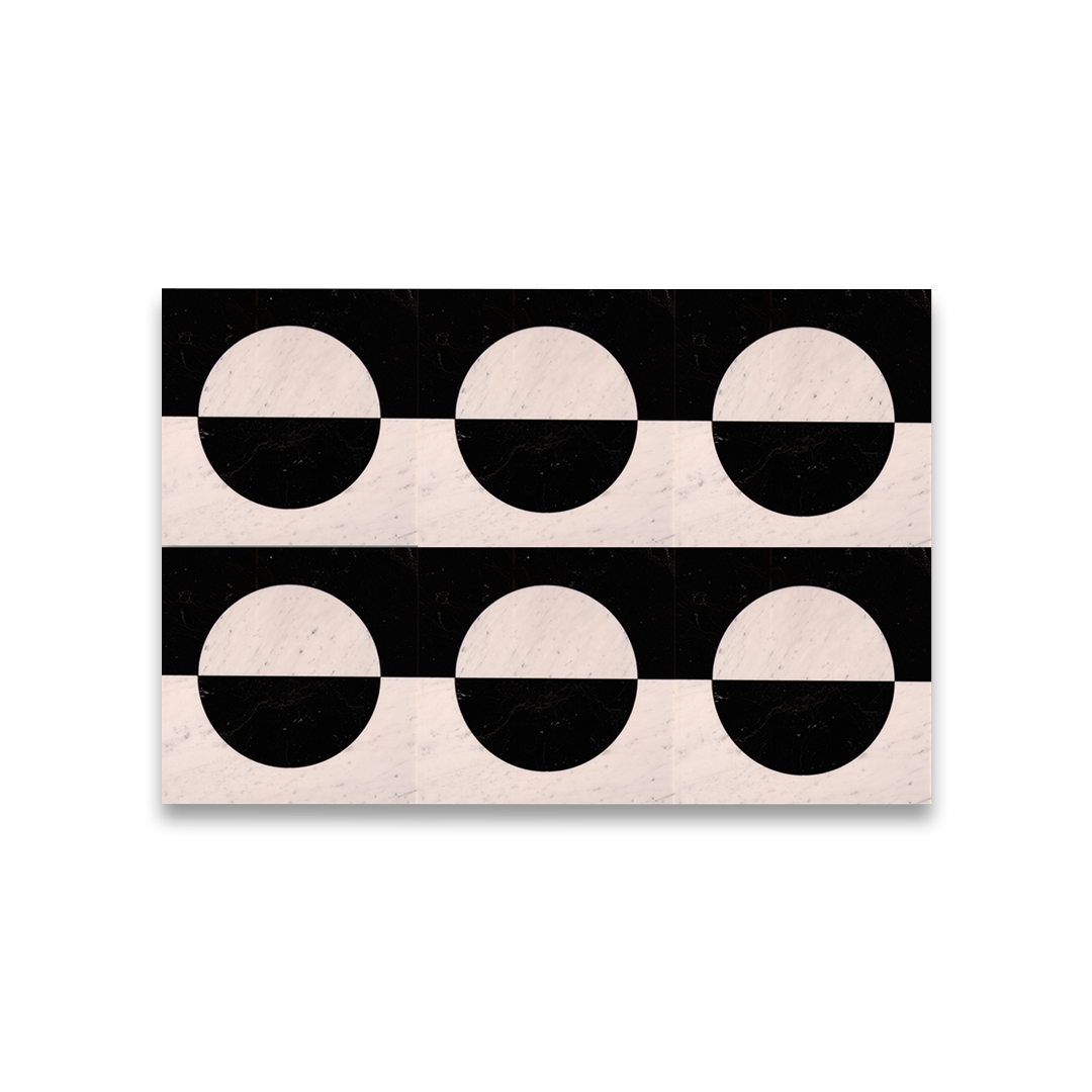 Rectangular mat with black and white circular patterns on a beige background