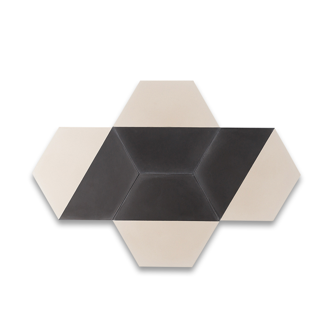 Geometric hexagonal tile featuring a bold black upper section and soft cream lower half, ideal for modern interiors, 3D wall illusions, or contemporary floor patterns.