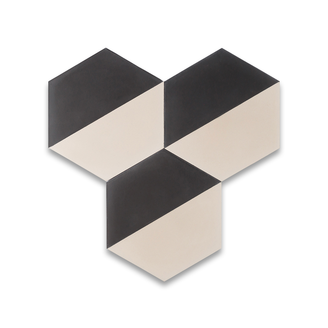 Geometric hexagonal tile featuring a bold black upper section and soft cream lower half, ideal for modern interiors, 3D wall illusions, or contemporary floor patterns.
