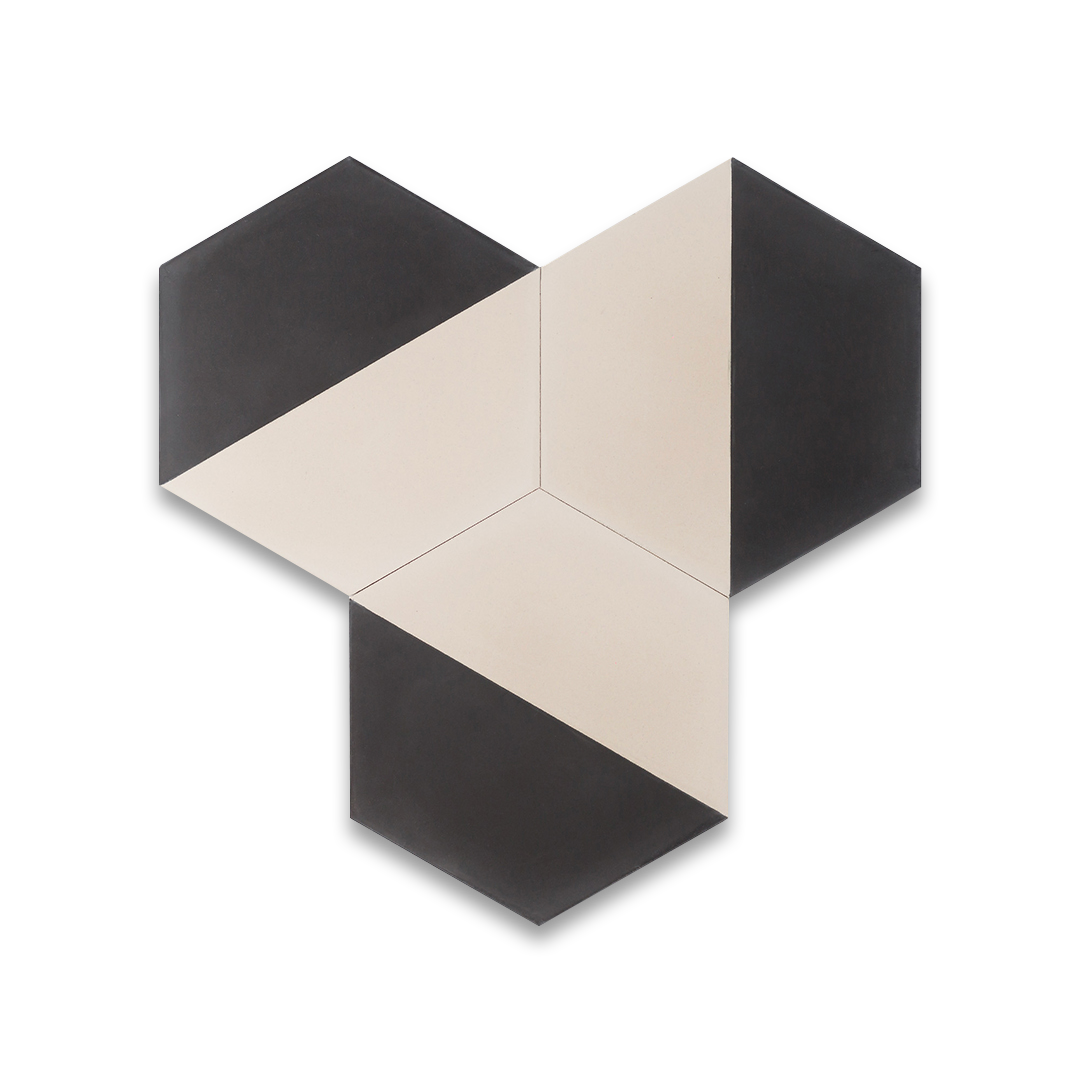 Geometric hexagonal tile featuring a bold black upper section and soft cream lower half, ideal for modern interiors, 3D wall illusions, or contemporary floor patterns.
