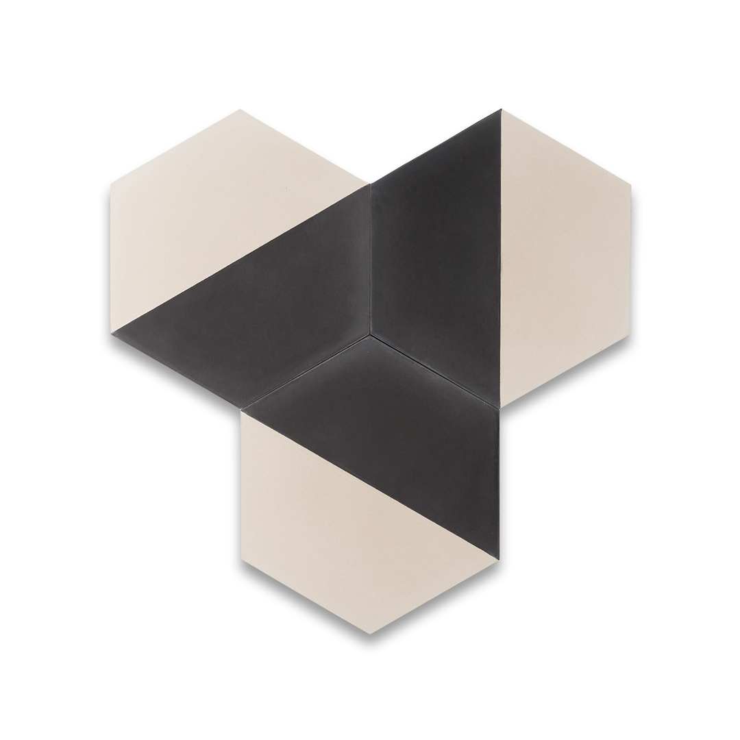 Geometric hexagonal tile featuring a bold black upper section and soft cream lower half, ideal for modern interiors, 3D wall illusions, or contemporary floor patterns.
