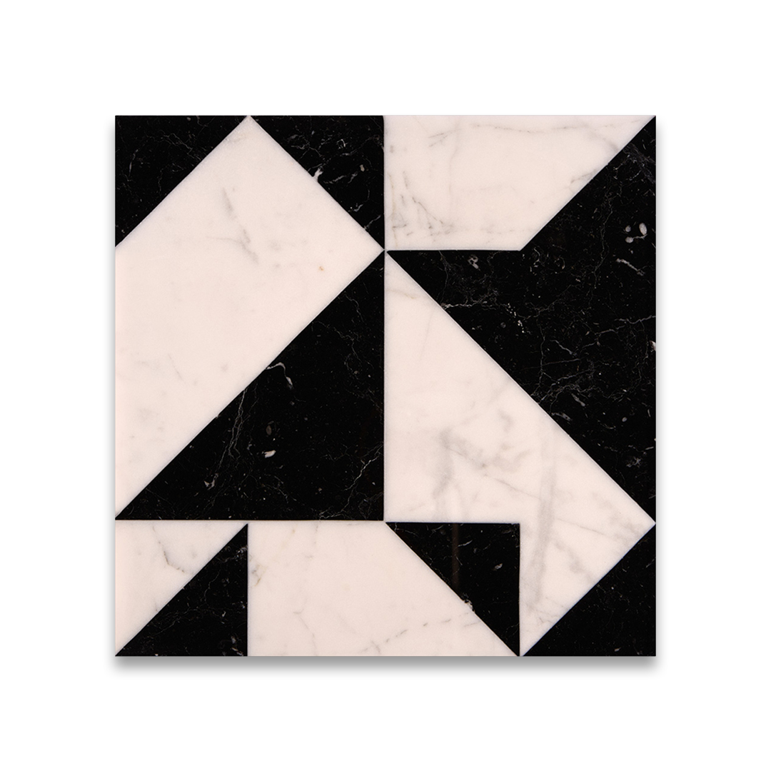 Geometric pattern of black and beige triangles on a white background