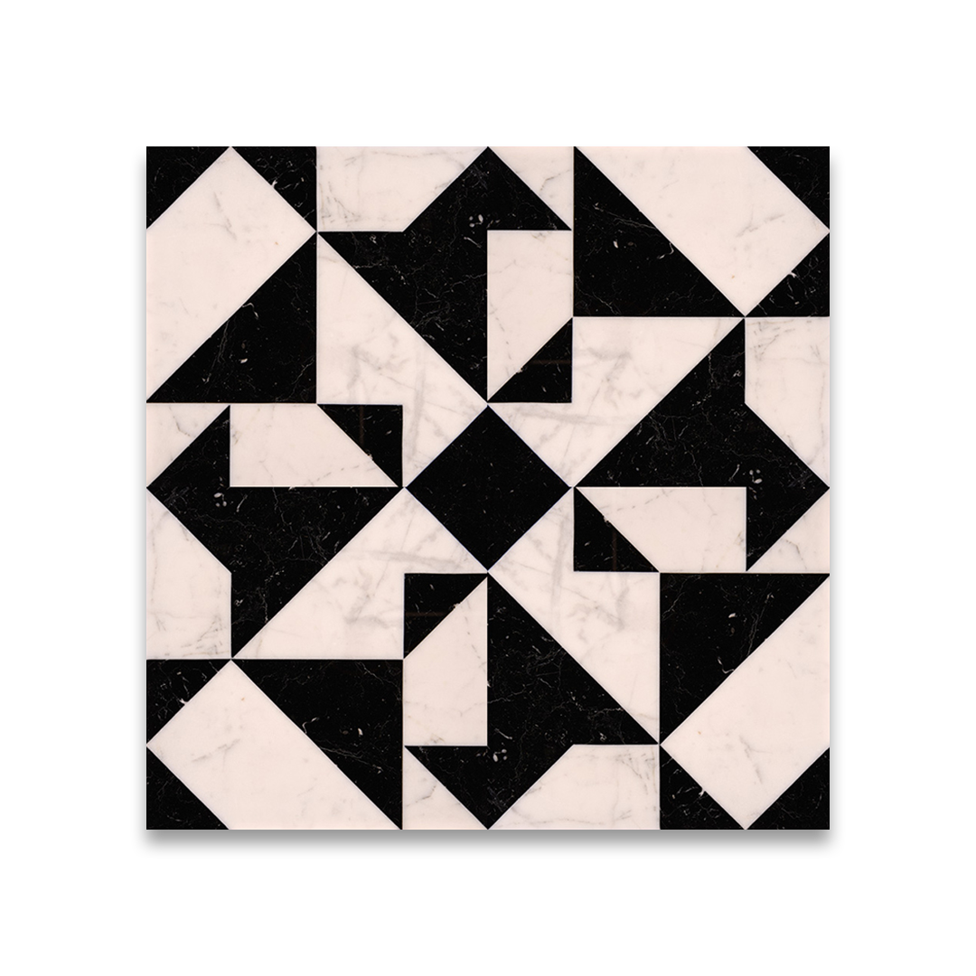 Geometric tile pattern with black and beige triangles on a white background