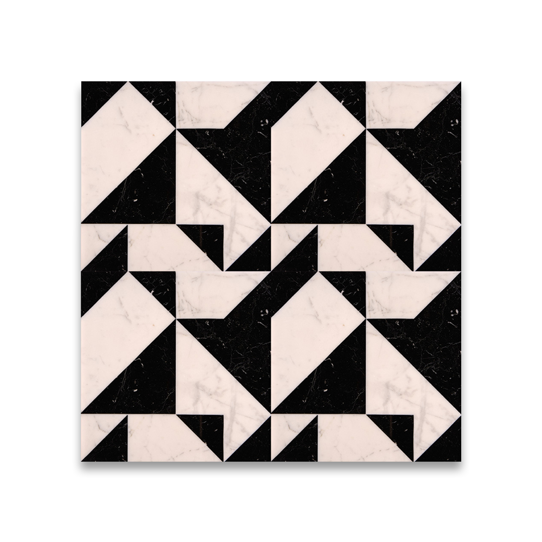 Geometric pattern of black and beige triangles on a white background