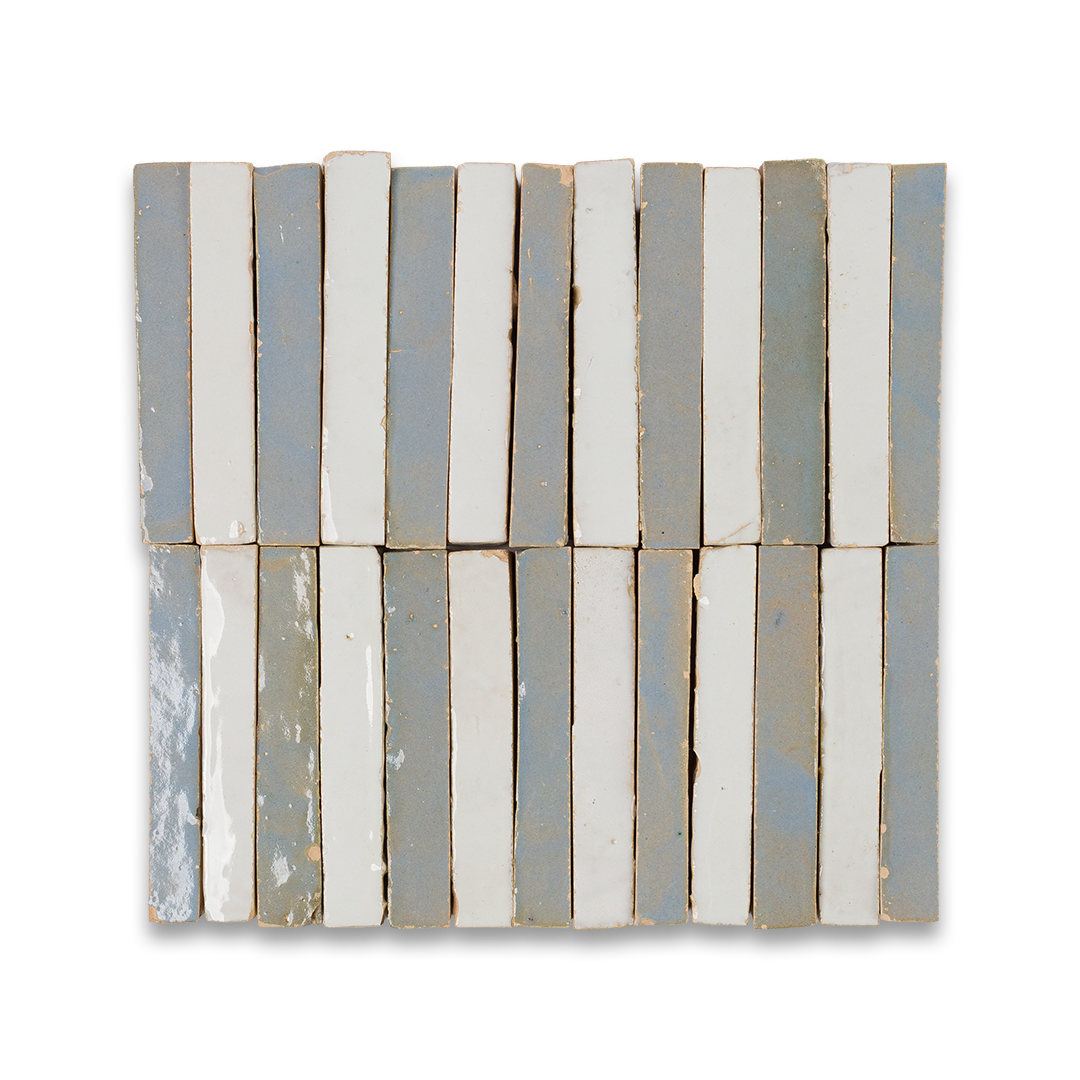 Rectangular mosaic tile with horizontal stripes in gray and white on a white background