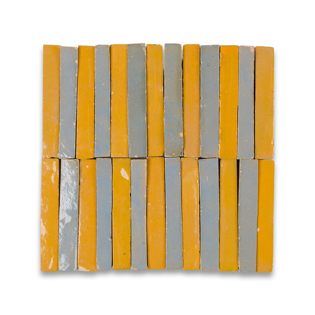 Patterned tiles with alternating yellow and gray stripes on a white background