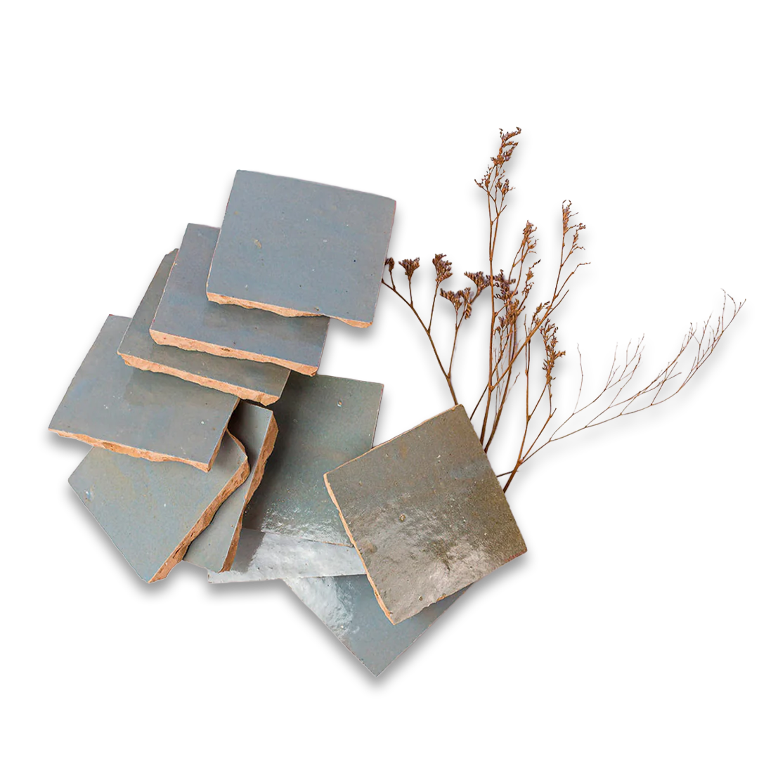 Set of square ceramic tiles with a natural edge on a white background