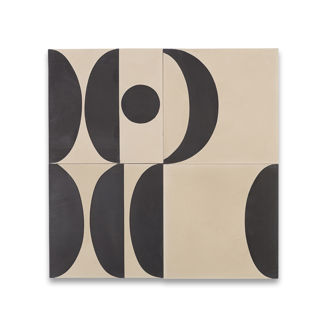 Beige and black geometric cement tile featuring bold curved and circular patterns, minimalist modern design, matte finish, ideal for contemporary flooring, wall décor, and architectural interior applications.
