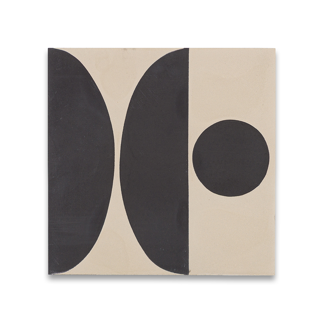 Beige and black geometric cement tile featuring bold curved and circular patterns, minimalist modern design, matte finish, ideal for contemporary flooring, wall décor, and architectural interior applications.