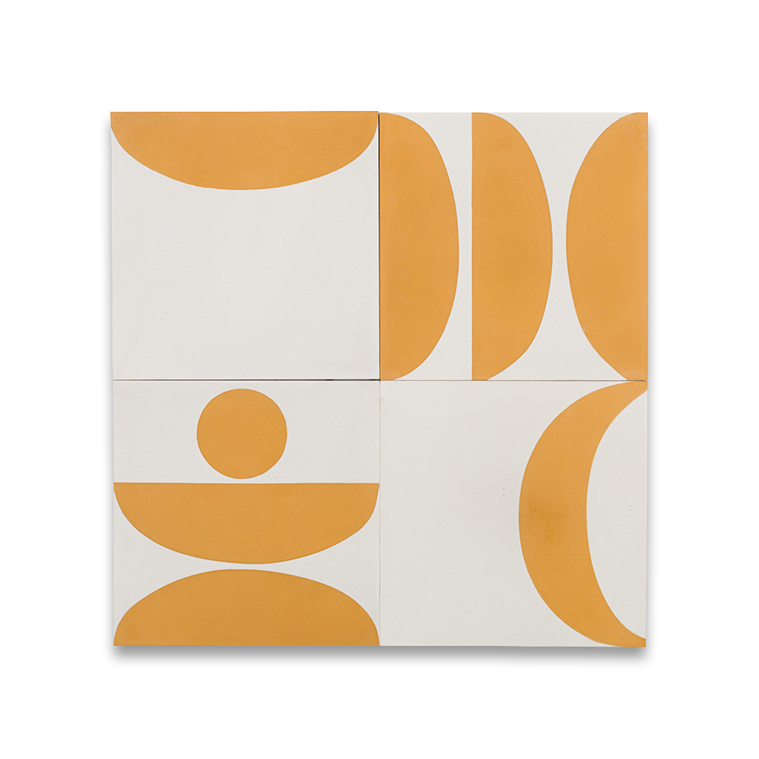 Cement tile featuring a geometric pattern of mustard yellow semicircles and curved shapes on a white background, matte finish, ideal for modern, retro, or mid-century interior flooring and wall décor applications.
