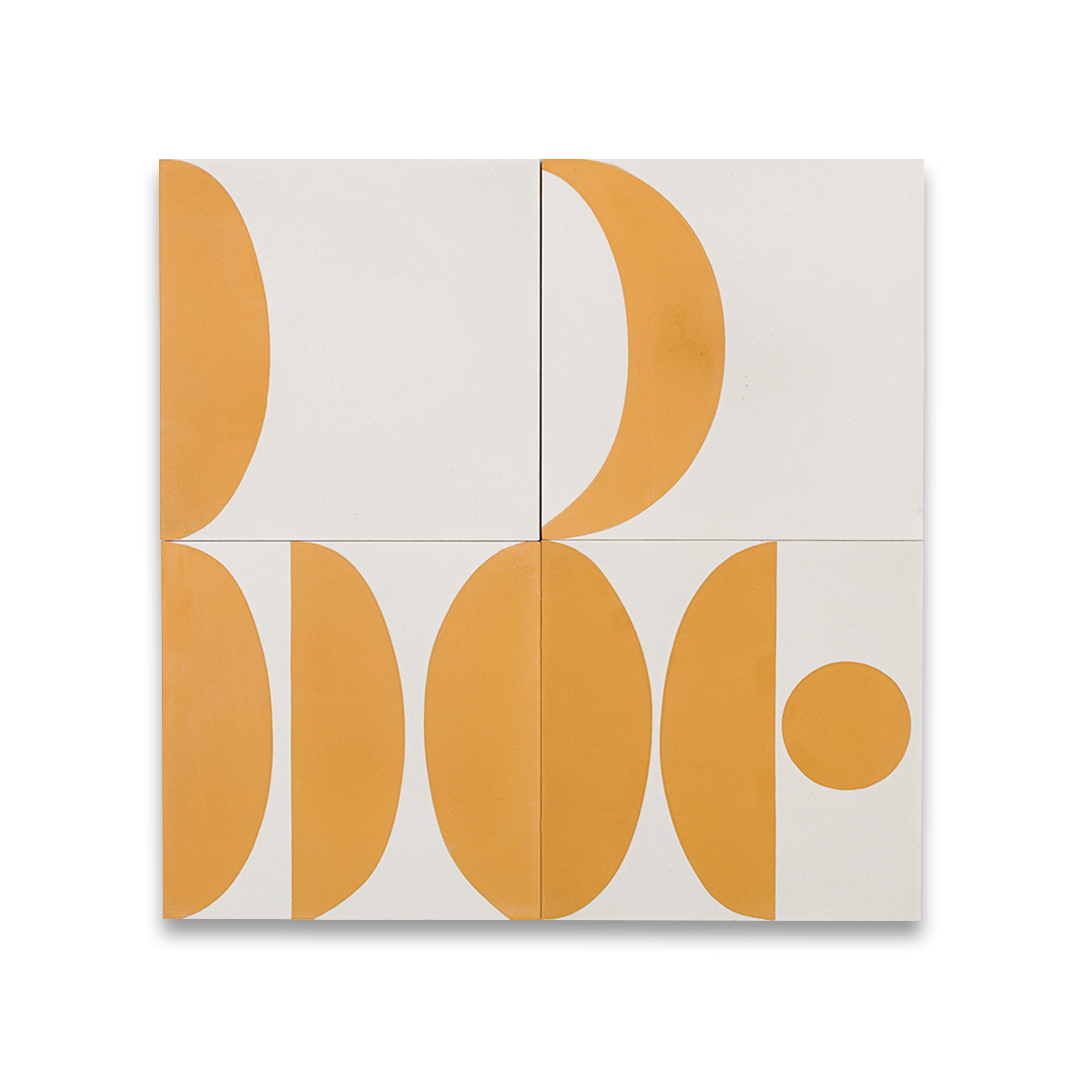 Cement tile featuring a geometric pattern of mustard yellow semicircles and curved shapes on a white background, matte finish, ideal for modern, retro, or mid-century interior flooring and wall décor applications.