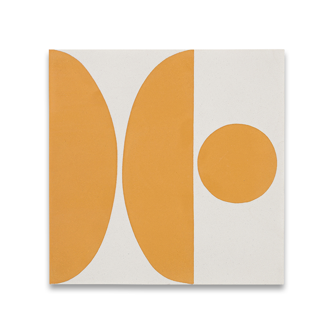 Cement tile featuring a geometric pattern of mustard yellow semicircles and curved shapes on a white background, matte finish, ideal for modern, retro, or mid-century interior flooring and wall décor applications.