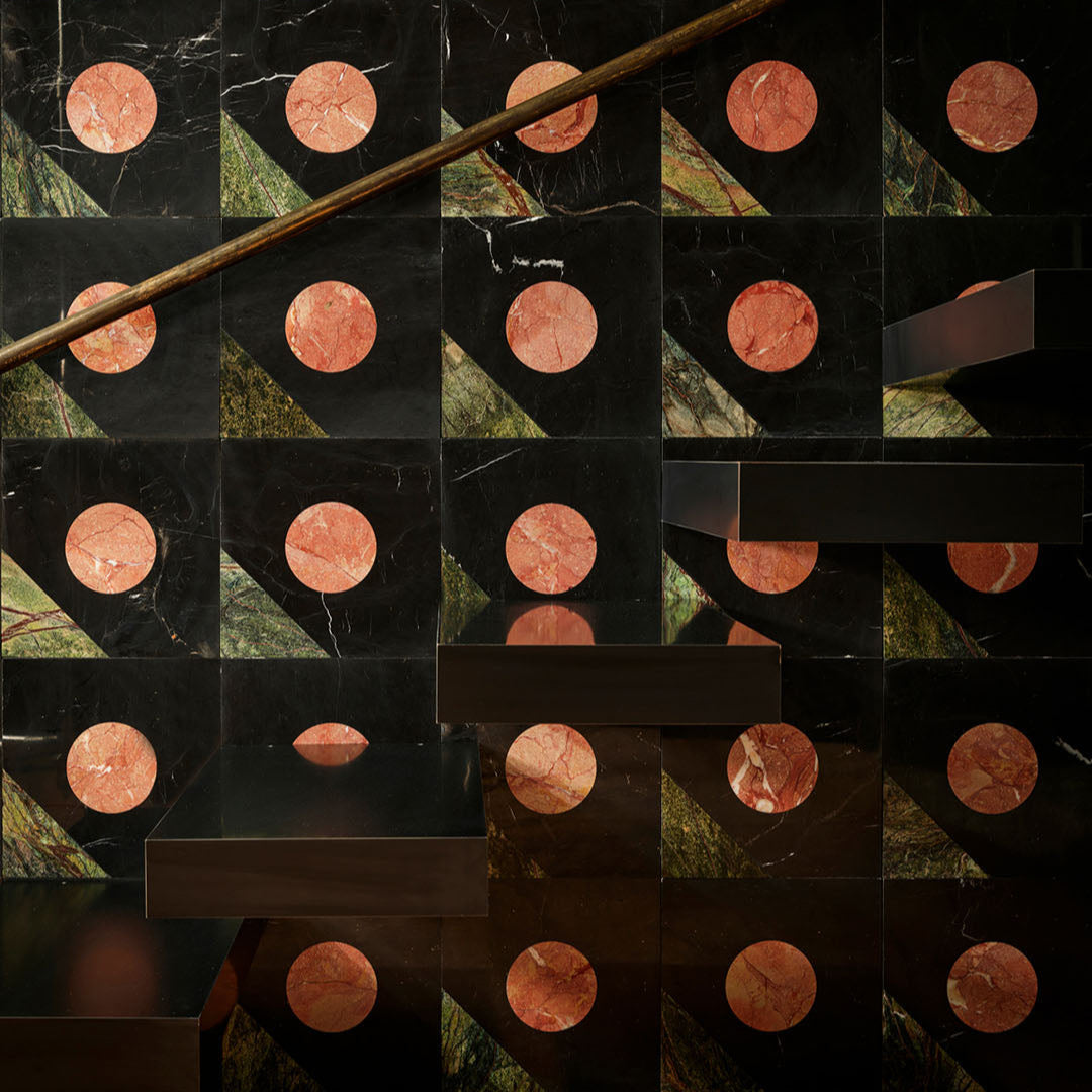 Collage of vinyl records with a wooden stick on a checkered background