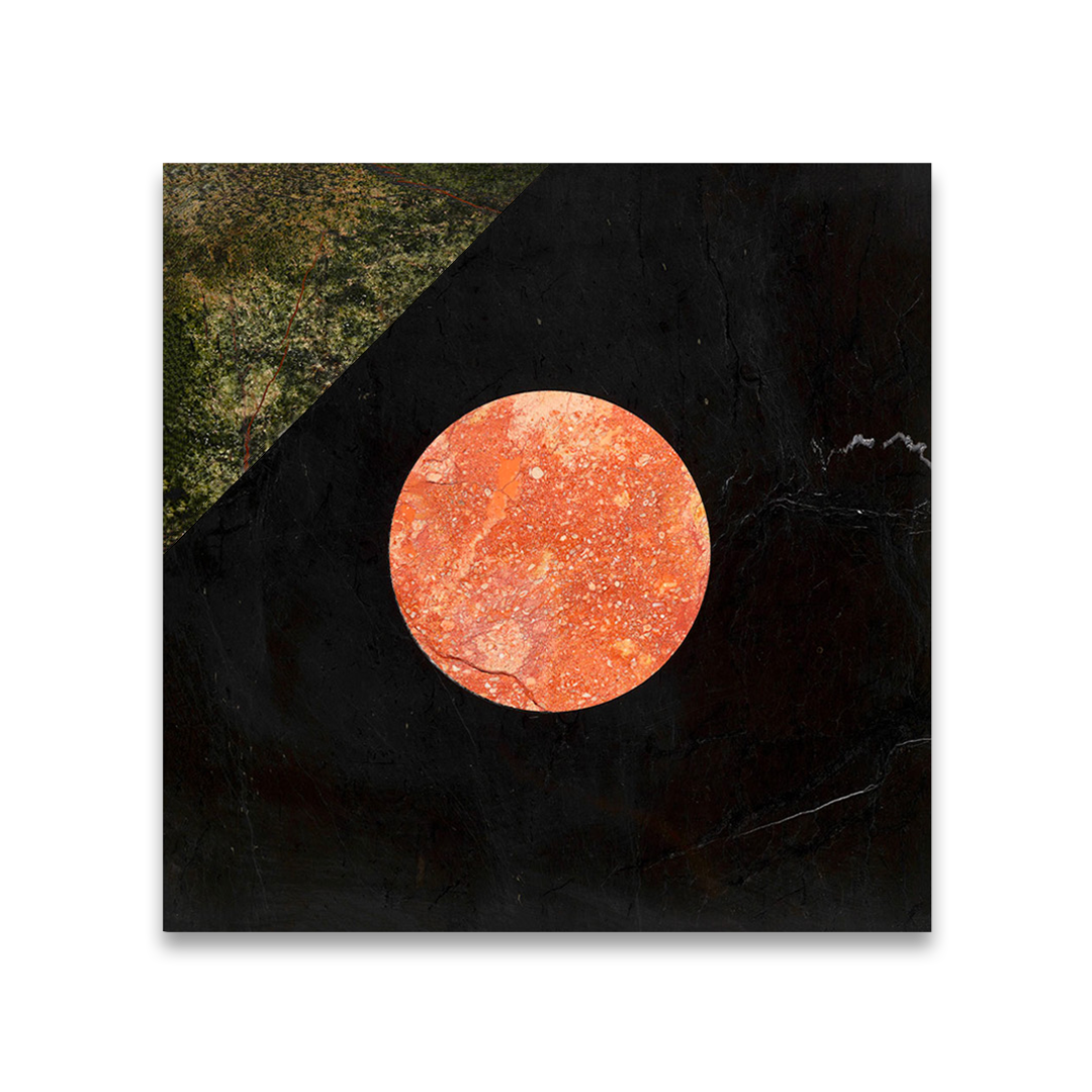 Abstract art piece with a red circular shape on a black background