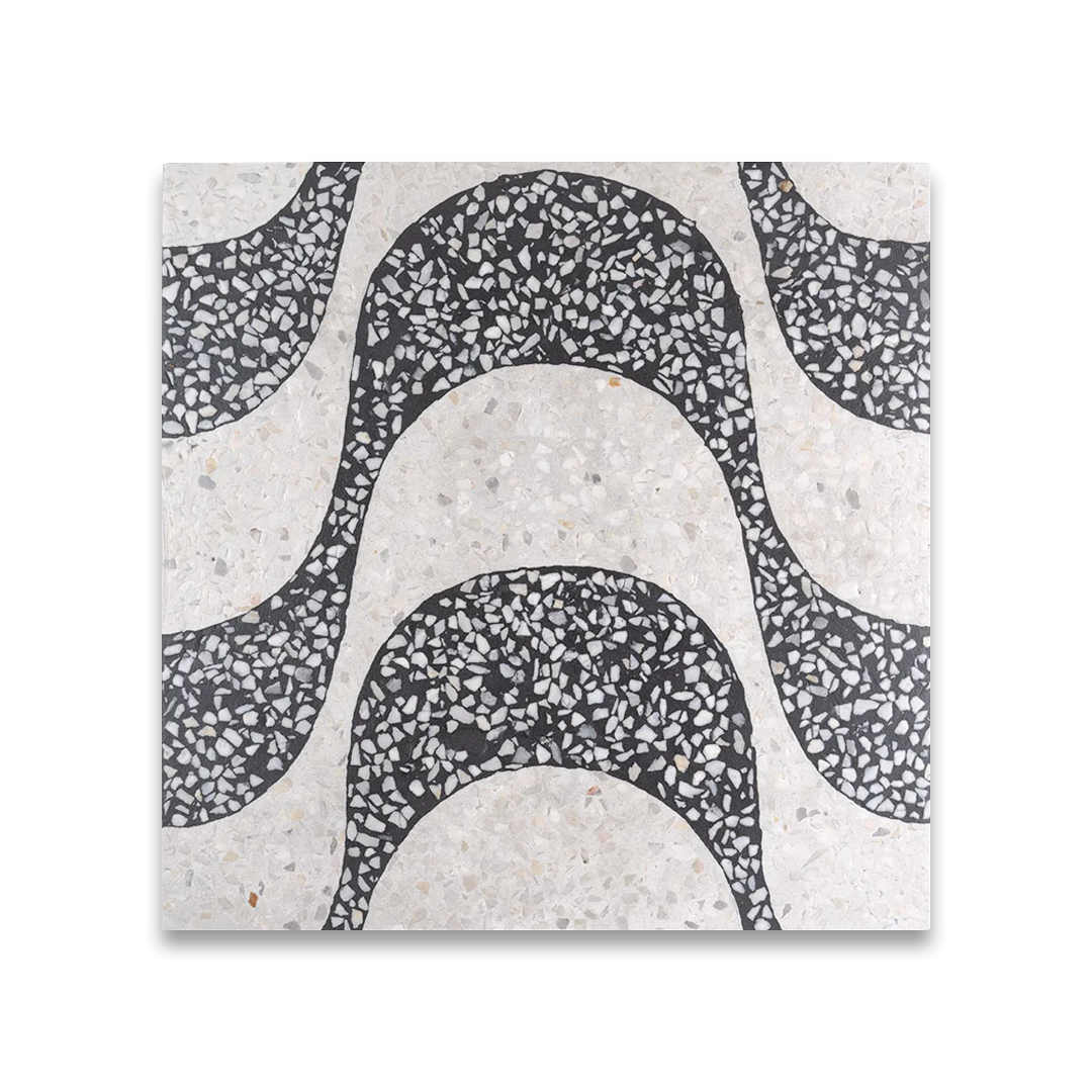 Cement tile featuring a terrazzo wave pattern in black and white tones, curved geometric design, matte finish, ideal for modern, retro, or contemporary interior flooring and wall décor applications.
