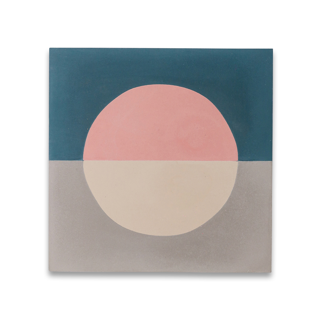 Cement tile featuring a minimalist geometric design with a pink and cream circle over teal blue and gray halves, matte finish, ideal for modern, abstract, or Scandinavian interiors.