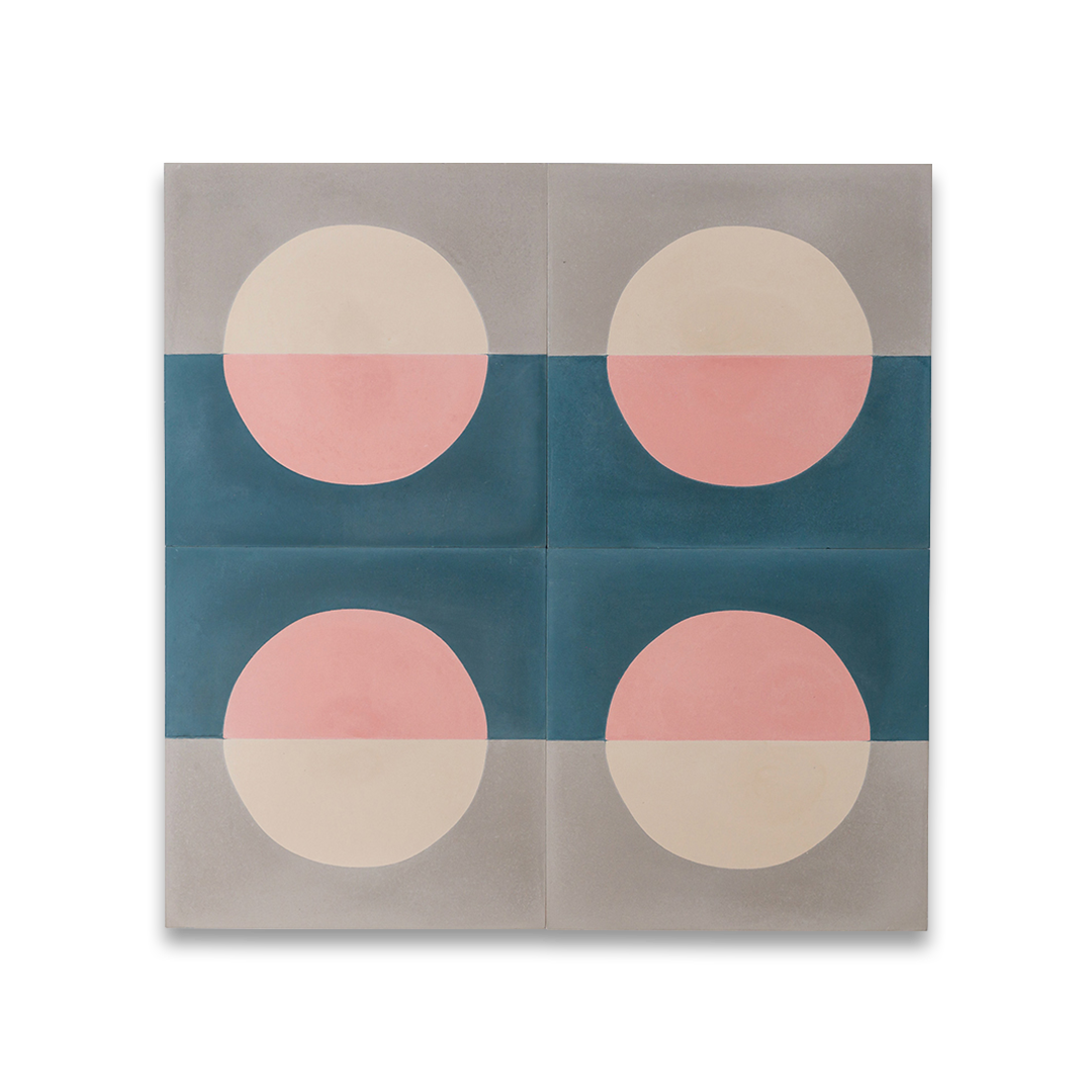 Cement tile featuring a minimalist geometric design with a pink and cream circle over teal blue and gray halves, matte finish, ideal for modern, abstract, or Scandinavian interiors.