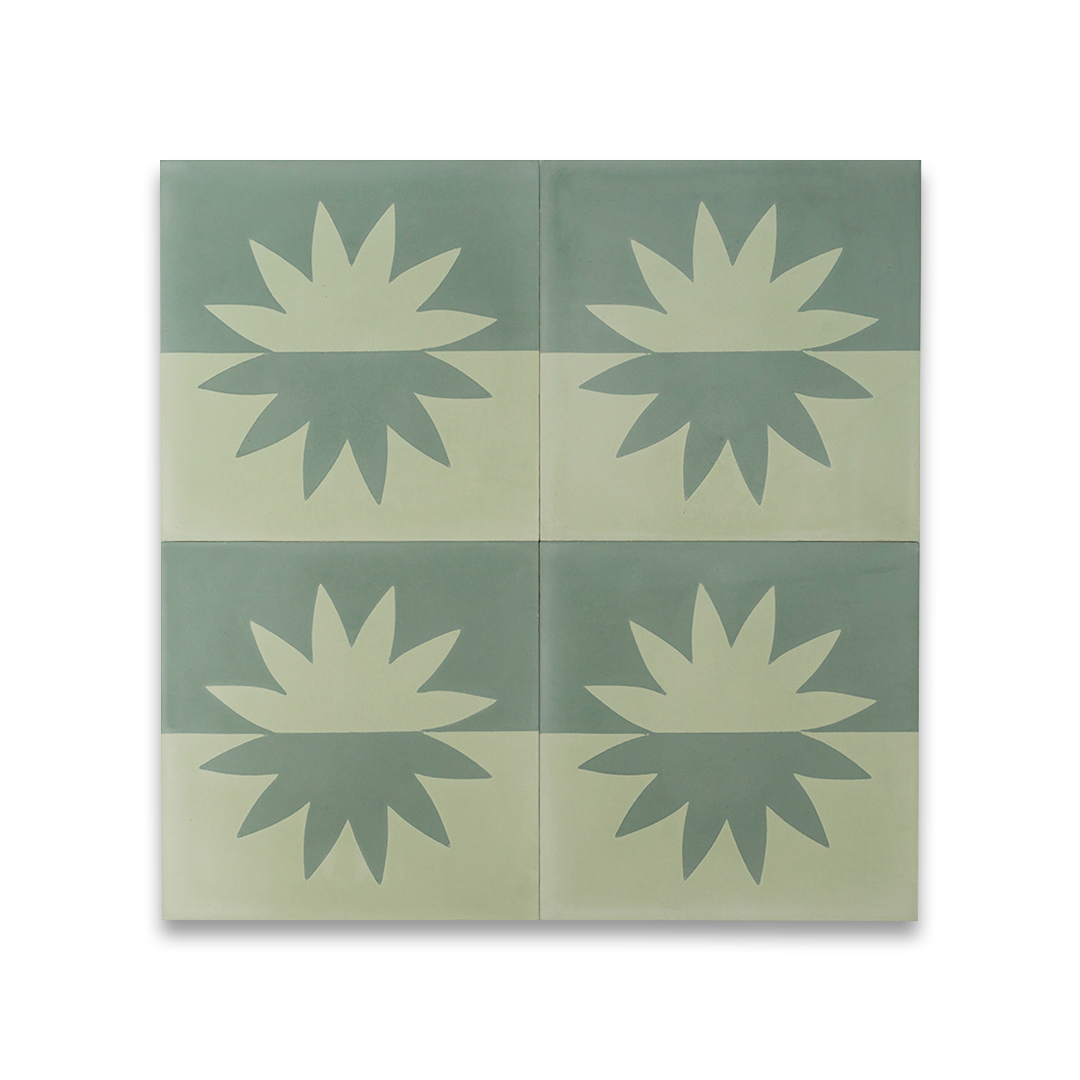 A mirrored floral motif in sage green and light beige tones, matte finish, ideal for modern, Mediterranean, or bohemian interior flooring and wall décor applications.