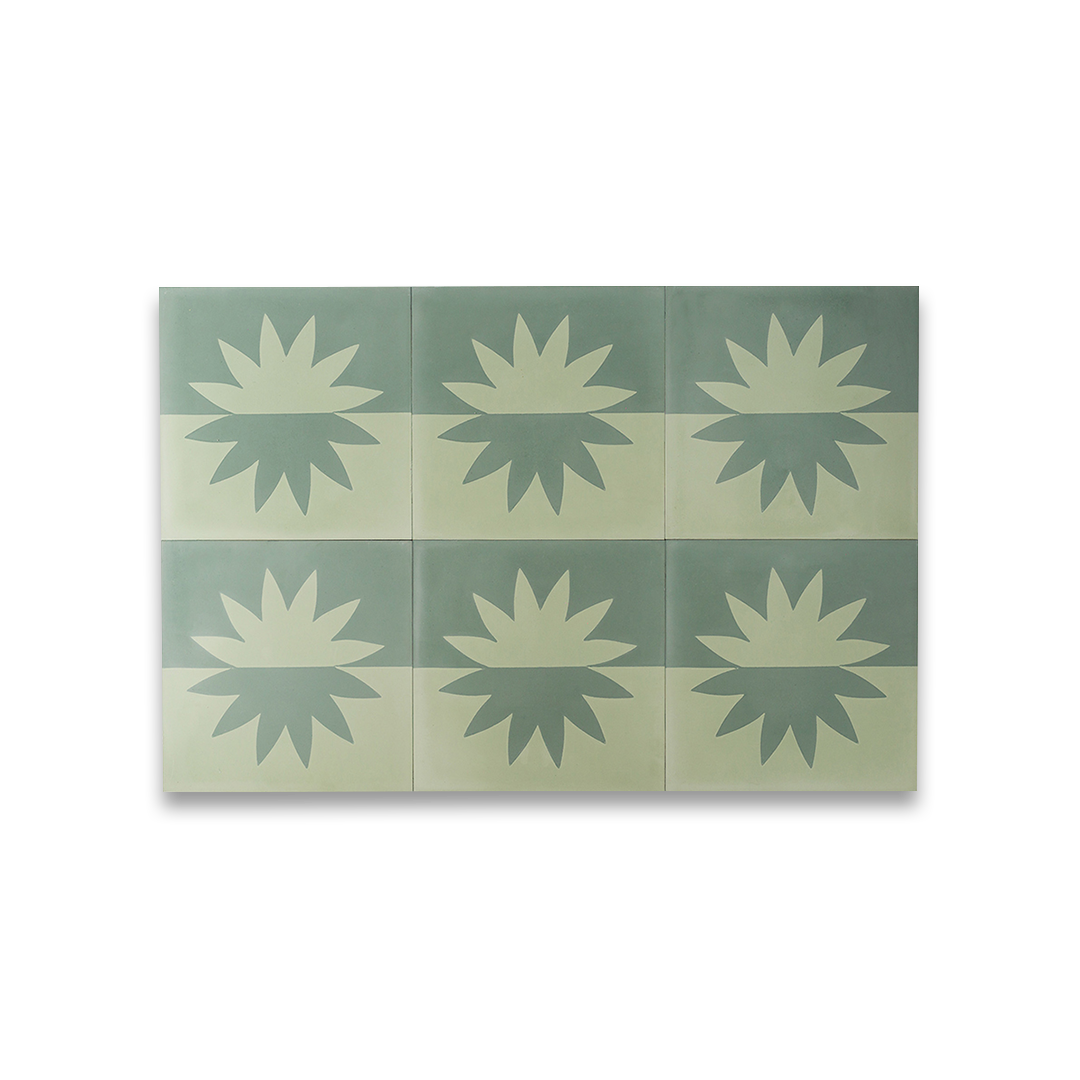 A mirrored floral motif in sage green and light beige tones, matte finish, ideal for modern, Mediterranean, or bohemian interior flooring and wall décor applications.