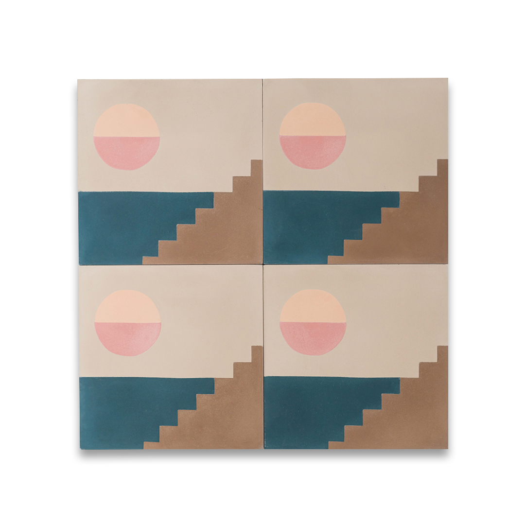 A geometric block pattern in beige, brown, and teal tones with a matte finish, ideal for modern, minimalist, or contemporary interior flooring and wall décor applications.