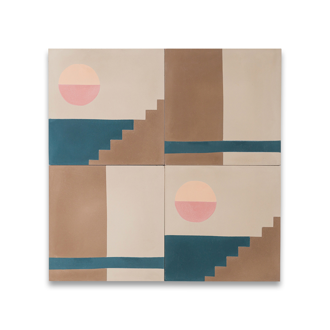 A geometric block pattern in beige, brown, and teal tones with a matte finish, ideal for modern, minimalist, or contemporary interior flooring and wall décor applications.