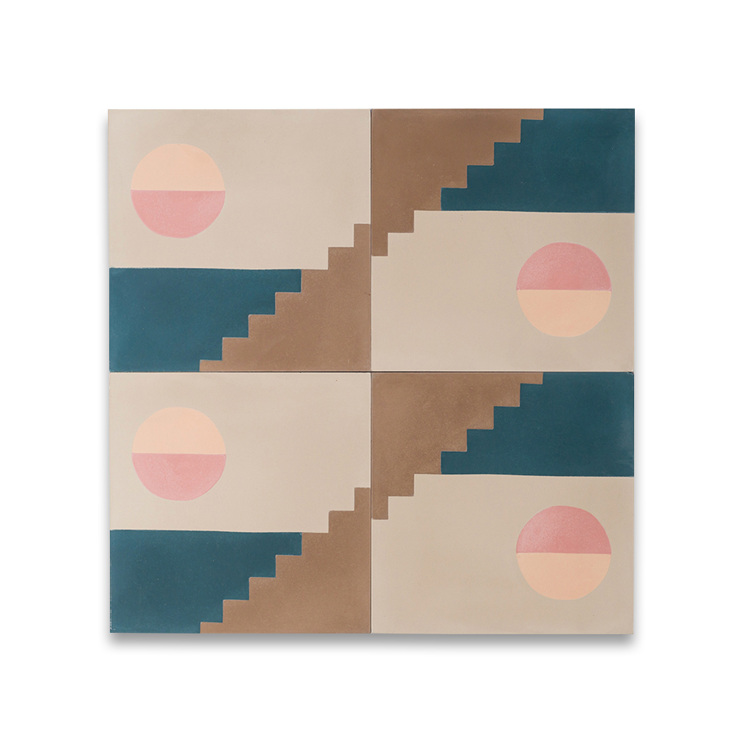 A geometric block pattern in beige, brown, and teal tones with a matte finish, ideal for modern, minimalist, or contemporary interior flooring and wall décor applications.