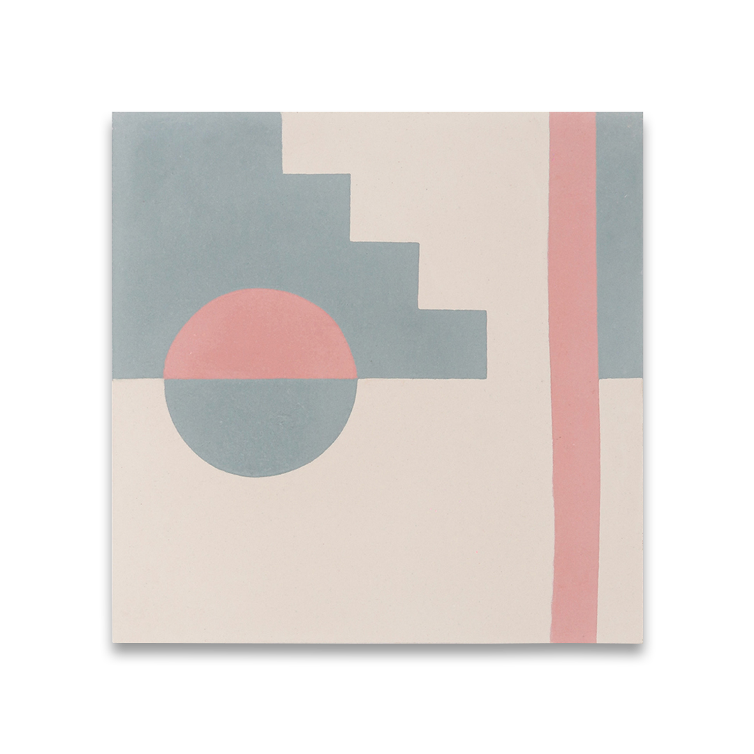 Pastel Eclipse cement tile featuring a geometric design with a half-circle sun, stepped blue pattern, and vertical pink stripe on a cream base, matte finish, ideal for modern, retro, or artistic interiors.