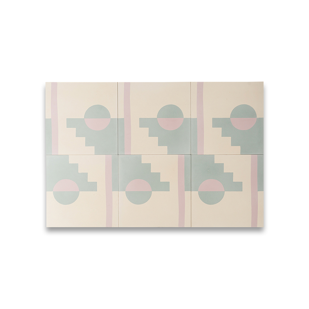 Surfside-inspired cement tile featuring pastel blue and blush pink geometric shapes, including a semicircle, staircase pattern, and vertical stripe on a cream background, creating a modern coastal aesthetic.